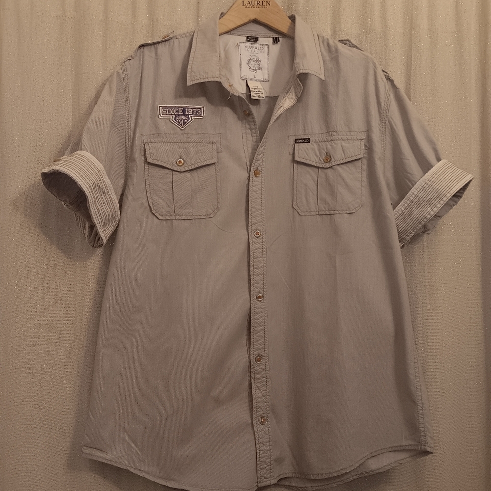 BUFFALO DAVID BITTON Cream Pinstripe Front Pocket Military Style Shirt SZ L
